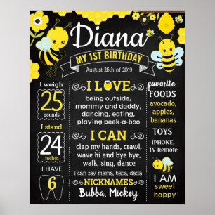 Affiche Bee First Birthday Party chalkboard garçon fille