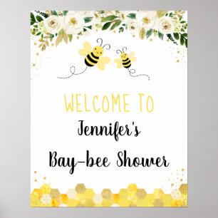 Affiche Bee Gold Floral Genre Neutre Baby shower Bienvenue