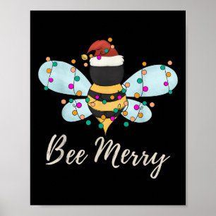 Affiche Bee Joyeux Noël Bee Wears Santa Hat Xmas Light