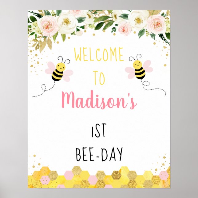 Affiche Bee Pink Gold Floral Anniversaire Bee Day Bienvenu (Devant)