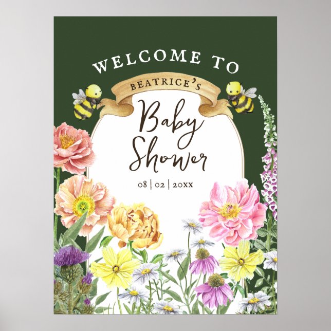 Affiche Bee verte et Baby shower Fleur sauvage Bienvenue (Devant)