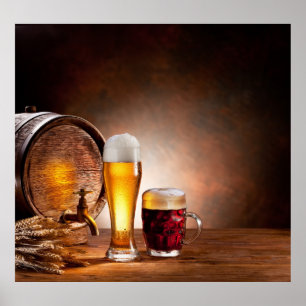 Affiche Beer barrel with beer glasses on a wooden table 2