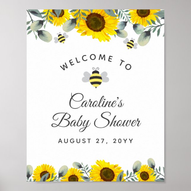 Affiche Bees Tournesols Eucalyptus Baby shower Bienvenue (Devant)