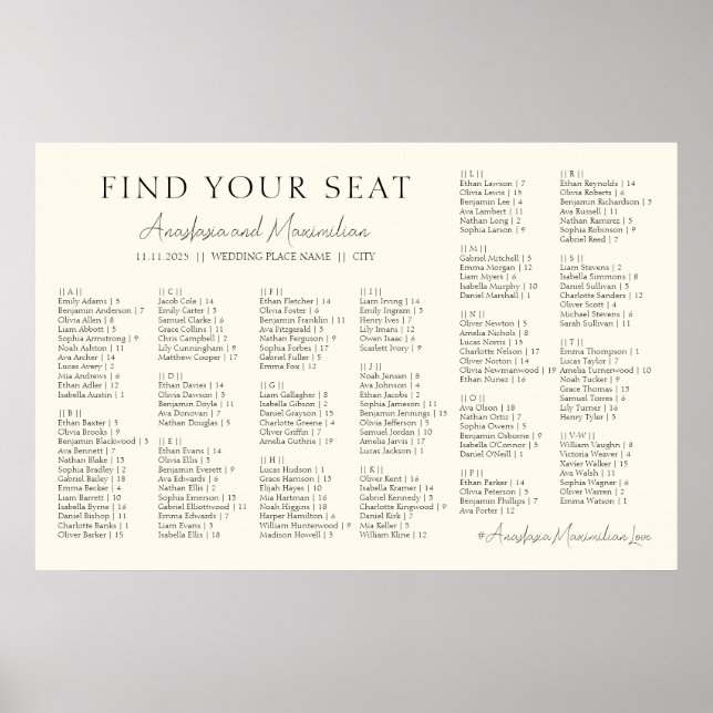 Affiche Beige Minimal Alphabetical Wedding Seating Chart (Devant)