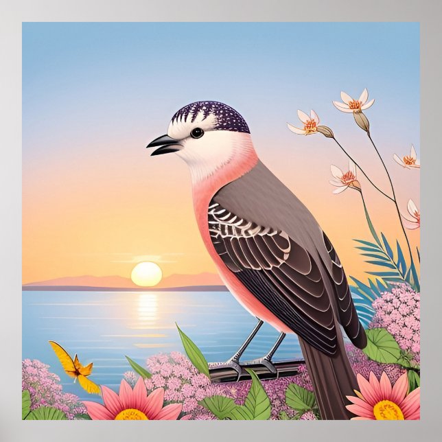 Affiche Bel Oiseau dans une Scène de Nature Côtière (Devant)
