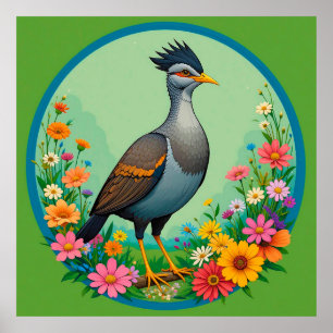 Affiche Bel oiseau exotique reposant parmi des fleurs colo