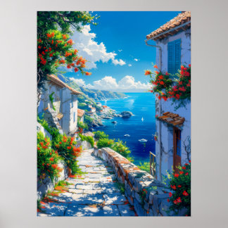 Affiche Bel village côtier en été