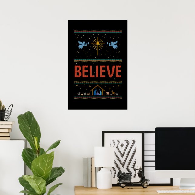 Affiche BELIEVE Ugly Christmas Sweater Religious Christian (Bureau à domicile)