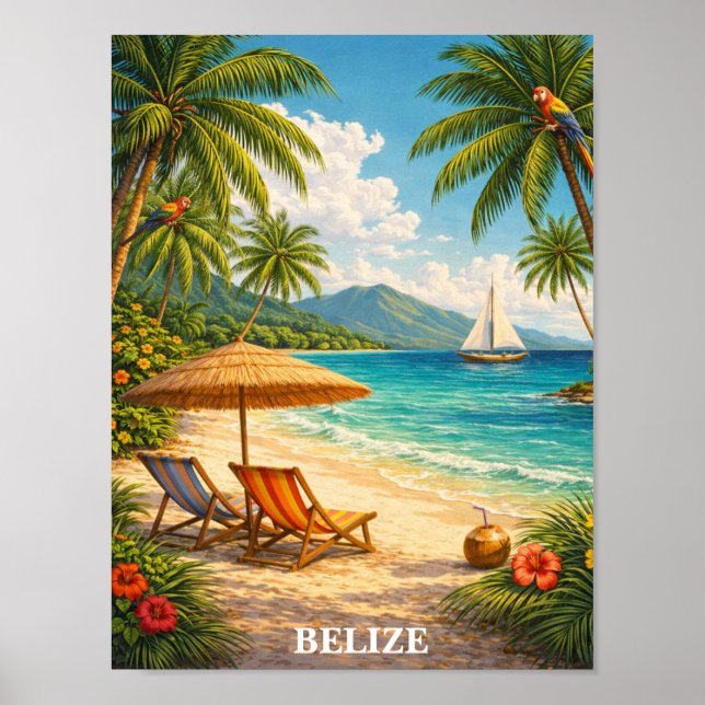 Affiche Belize Caraïbes Tropical Voyage Vintage (Devant)