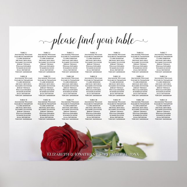 Affiche Belle 21 Table Rouge Rose Mariage Carte de siège (Devant)