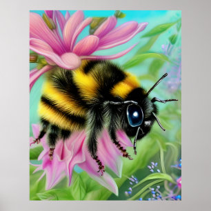 Affiche Belle abeille sur une fleur rose Gros plan