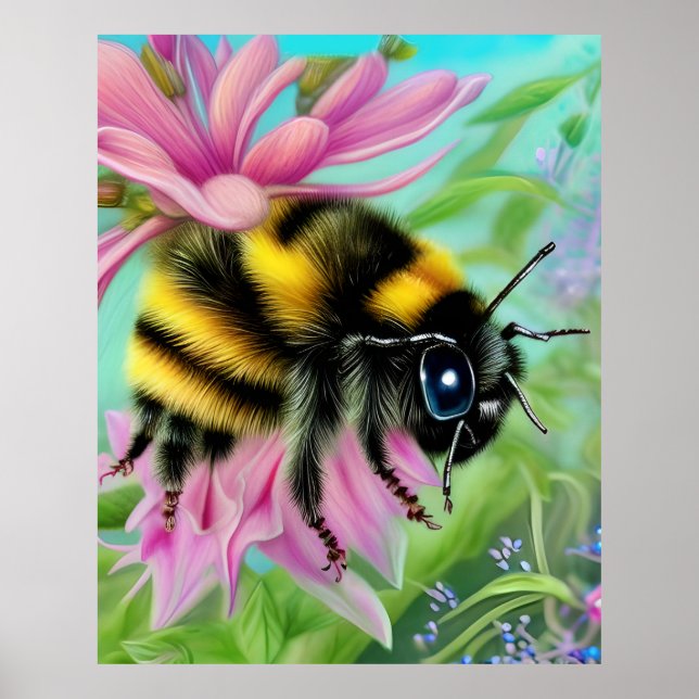 Affiche Belle abeille sur une fleur rose Gros plan (Devant)