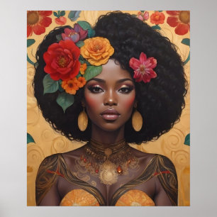 Affiche Belle Africaine Américaine Avec Fleurs