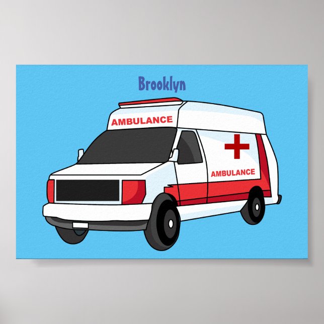 Affiche Belle ambulance rouge caricature van (Devant)