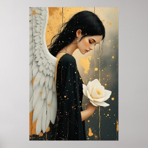 Affiche Belle ange gothique et rose blanche céleste 