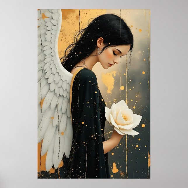 Affiche Belle ange gothique et rose blanche céleste  (Devant)