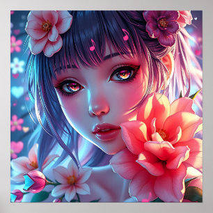 Affiche Belle Anime Girl Glitchcore Floral