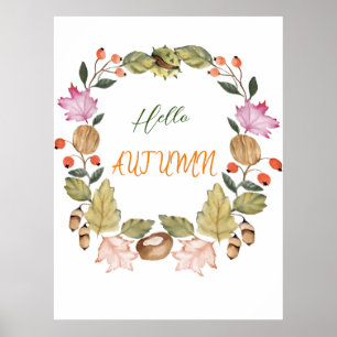 Affiche Belle aquarelle automne couronne de feuille