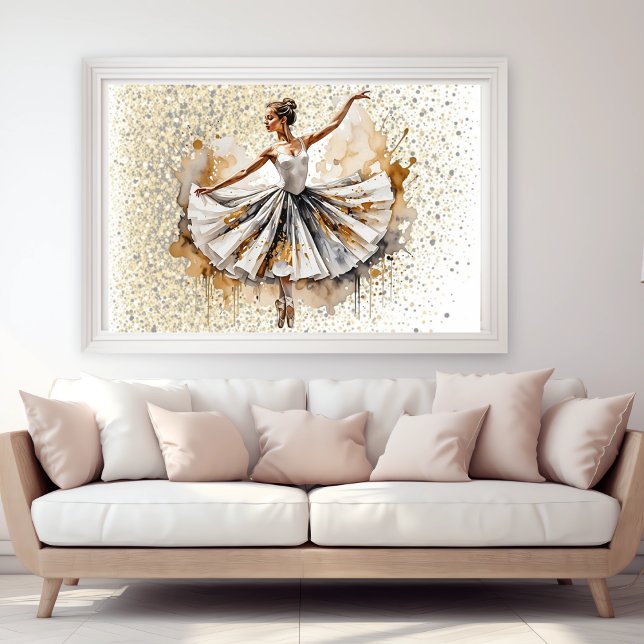 Affiche Belle aquarelle Ballerina femme en or (Beautiful Watercolor Ballerina Woman in Gold Poster in home)