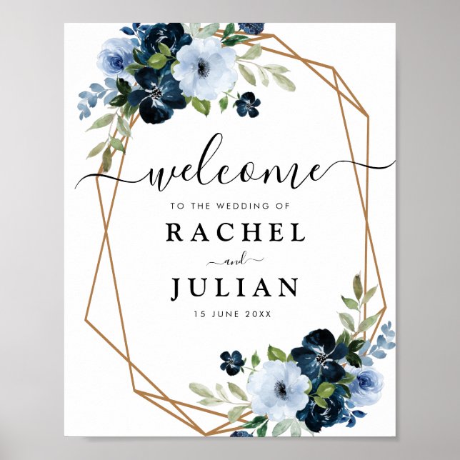 Affiche belle aquarelle bleu signe mariage floral (Devant)