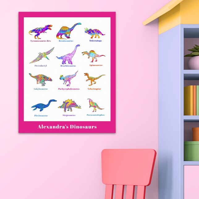 Affiche Belle aquarelle Dinosaur avec des noms rose (Colorful dinosaurs with names bright pink girls custom dino poster)