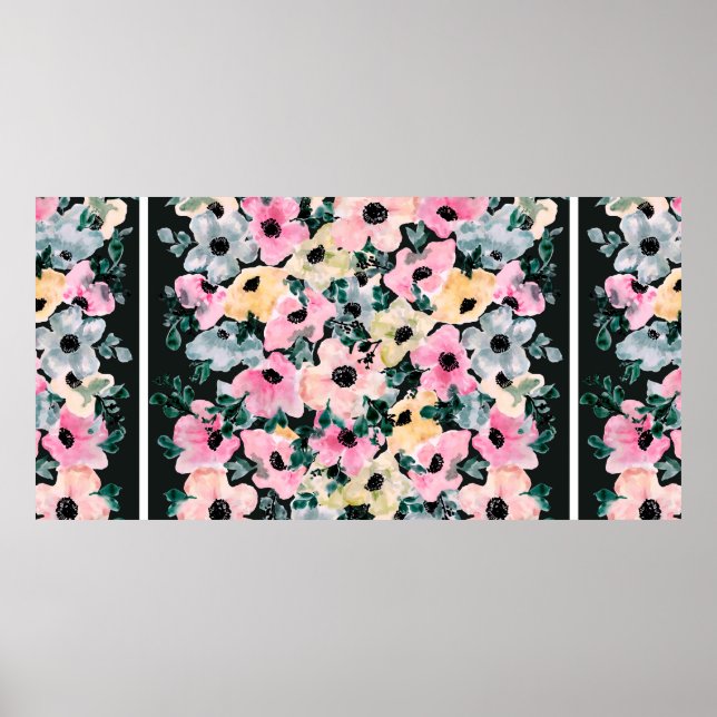 Affiche Belle aquarelle imprimé floral avec fond foncé (Devant)