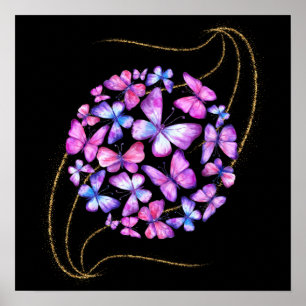 Affiche Belle Aquarelle Papillons avec Boule d'Or