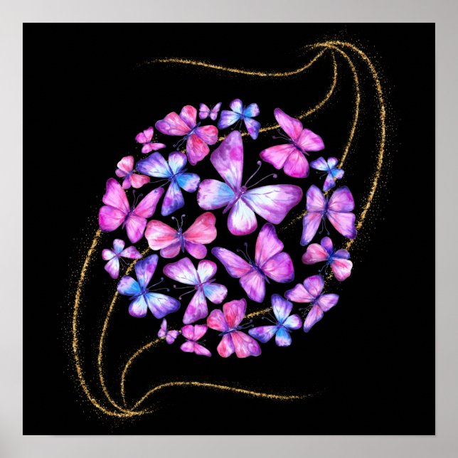 Affiche Belle Aquarelle Papillons avec Boule d'Or (Devant)
