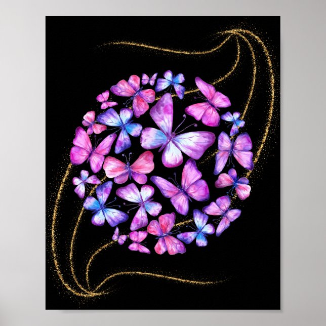 Affiche Belle Aquarelle Papillons avec Boule d'Or (Devant)