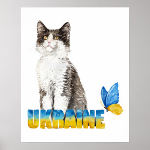 Affiche Belle aquarelle Ukraine Chat et Papillon