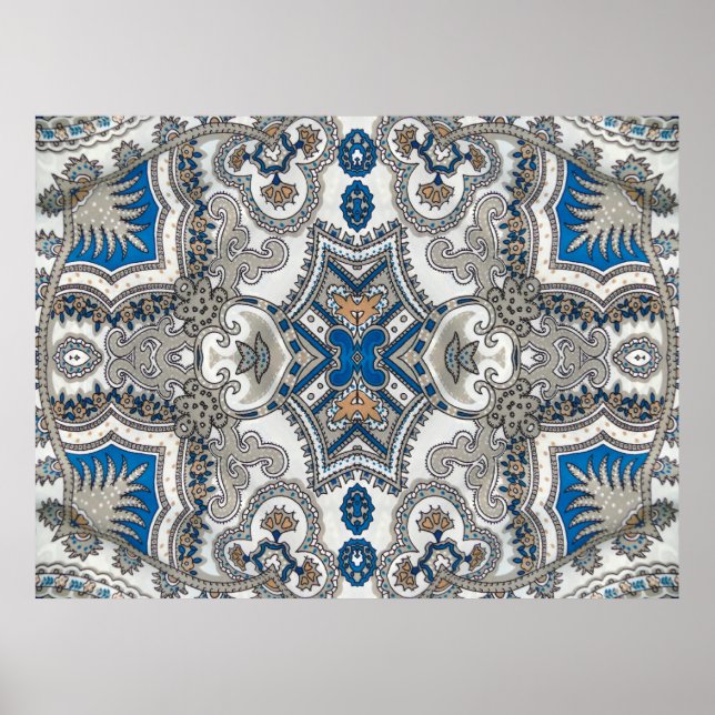 Affiche Belle arabesque blanche et bleue, motif islamique (Devant)