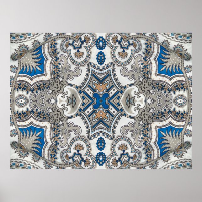 Affiche Belle arabesque blanche et bleue, motif islamique (Devant)