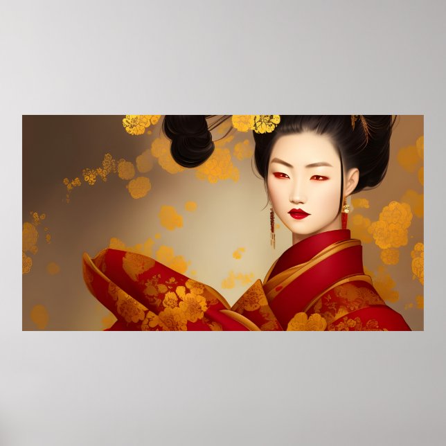 Affiche Belle asiatique femme geisha rouge or 2 (Devant)
