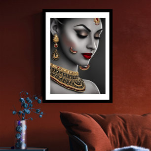 Affiche Belle Asiatique Indienne Noir Blanc Rouge Gems