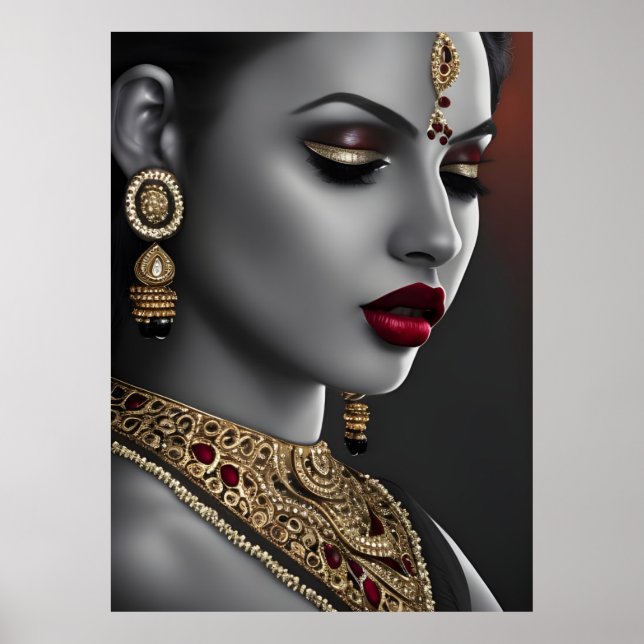 Affiche Belle Asiatique Indienne Noir Blanc Rouge lèvres (Devant)