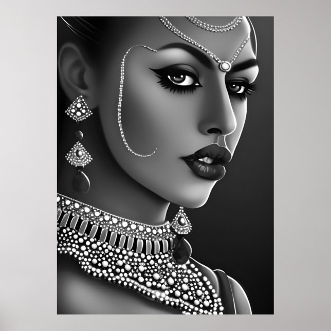 Affiche Belle Asiatique Indienne Noir Perle Blanche (Devant)