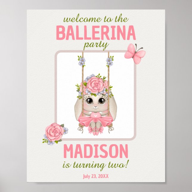 Affiche Belle ballerine lapin anniversaire pastel rose bie (Devant)
