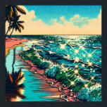 Affiche Belle BD Pop Art Style Plage Scène<br><div class="desc">Belle vague bleue de l'océan sur une plage de sable avec une jolie réflexion dans l'eau. Palmiers et eau gazeuse et ciel nuageux.</div>