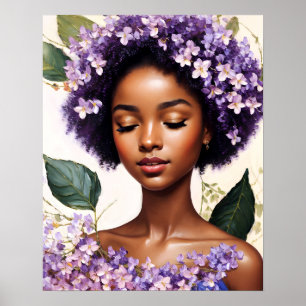 Affiche Belle Black Girl Purple Fleurs Portrait