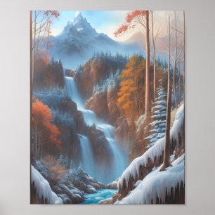 Affiche Belle cascade dans une forêt de neige