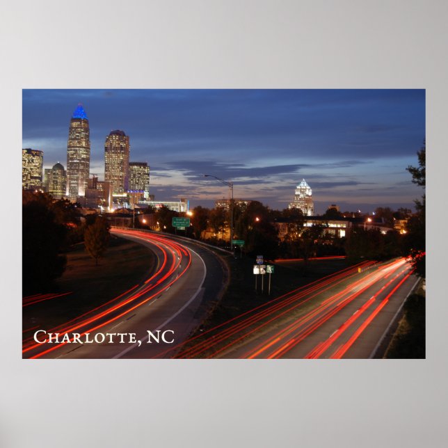 Affiche Belle Charlotte NC Skyline Highway à Dusk (Devant)