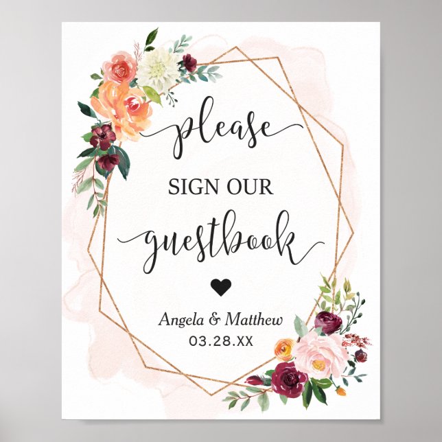 Affiche Belle Chic Floral Frame Guestbook Mariage Sign (Devant)