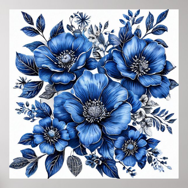 Affiche Belle composition florale bleue et blanche (Devant)