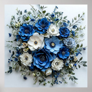 Affiche Belle composition florale bleue et blanche