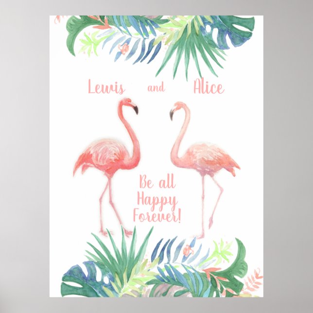 Affiche Belle Conte Fée Pour Deux Flamants roses Fleur Tro (Devant)