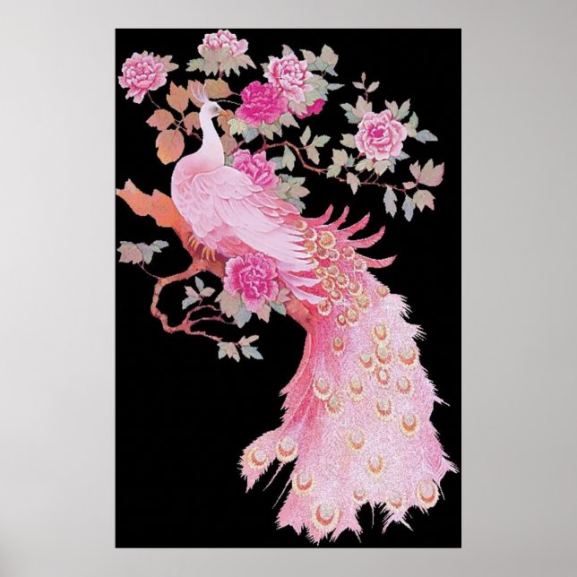 Affiche Belle couleur rose plumes Peacock Bird Floral (Devant)