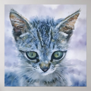 Affiche Belle Cute Grey Tabby Kitten Aquarelle Art