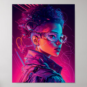 Affiche Belle Cyber Girl Synthwave Cool femmes Portrait