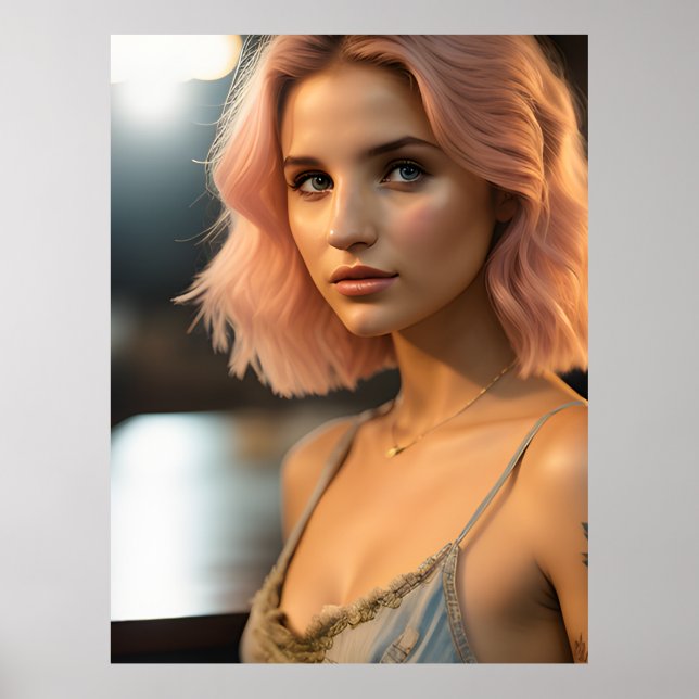 Affiche Belle Dame Avec Cheveux Rose Pastel (Devant)