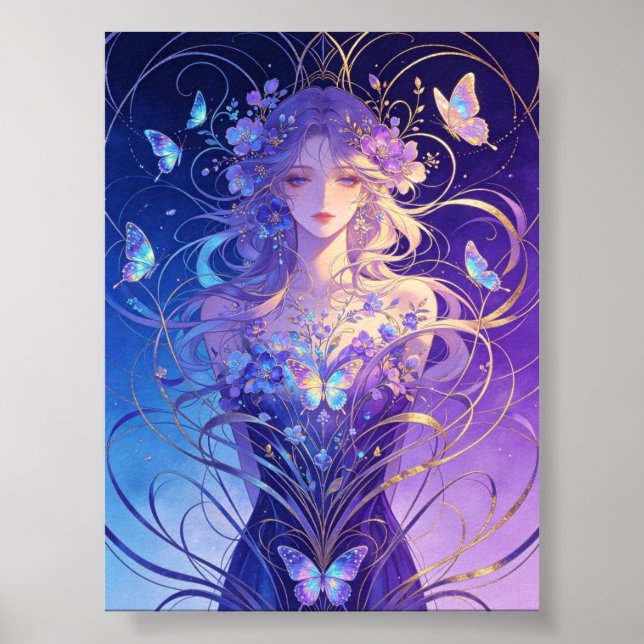 Affiche belle dame papillon en couleur bleue et violette (Devant)